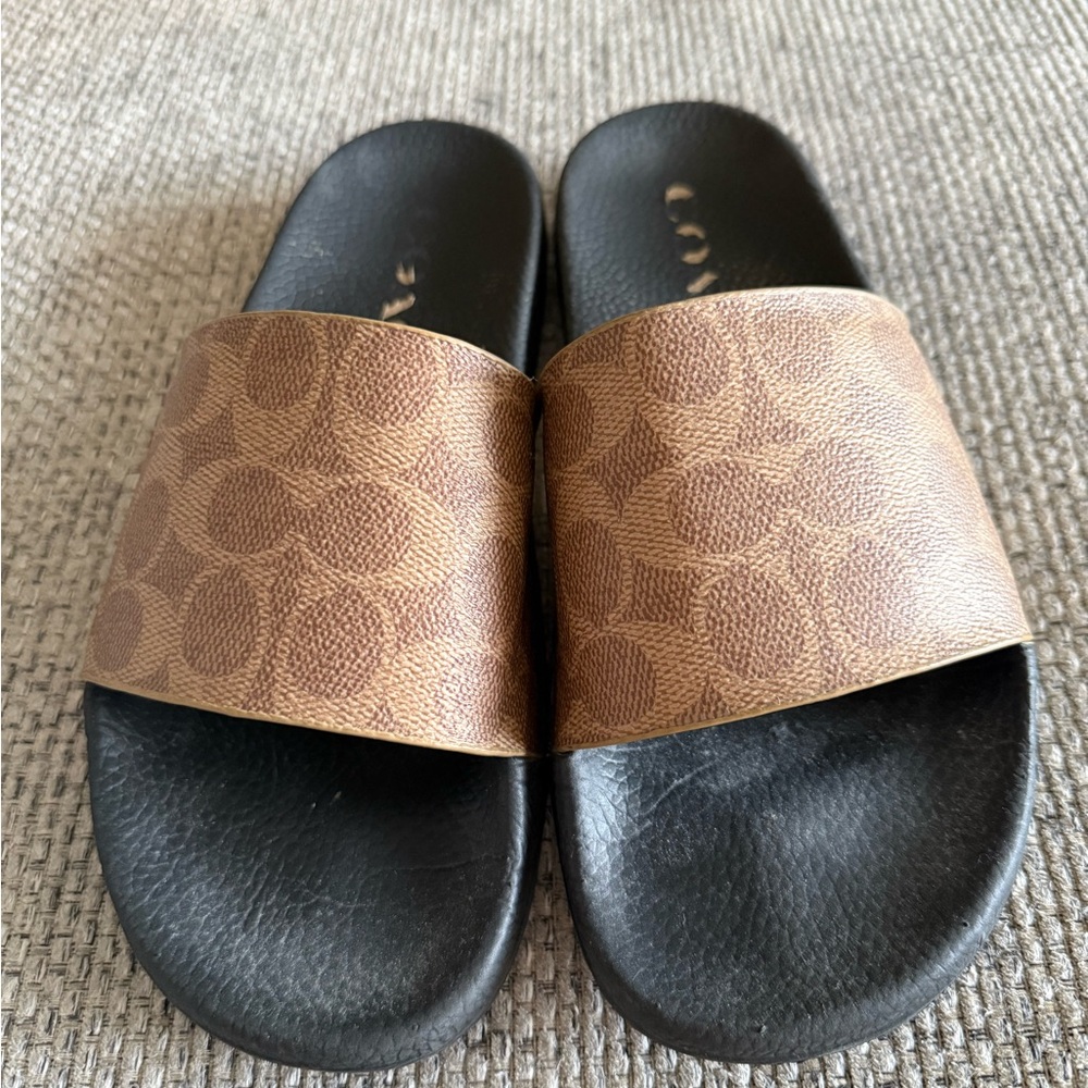 Coach Tan and Black Slide Sandals